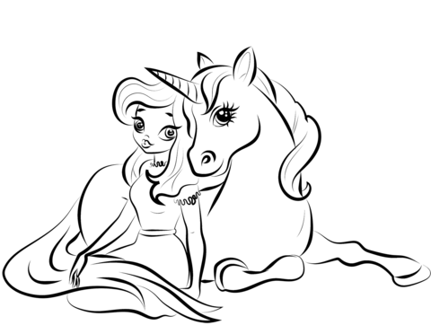 Princess With Unicorn Coloring Page